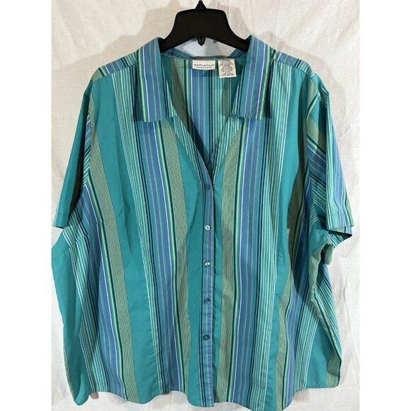 White Stag Women’s 26/28 Short Sleeve Teal/Green Striped Button Down Blouse - Picture 1 of 5